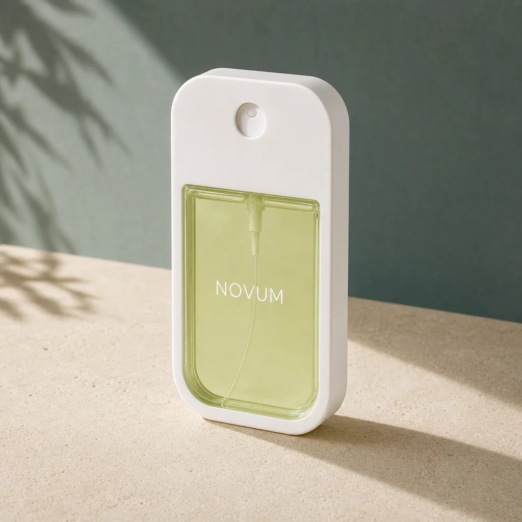 Square editorial product portrait for the FAQ page. Show one exact NOVUM bottle large and upright on