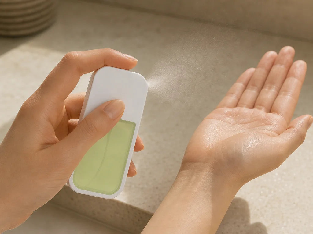 Landscape 4:3 documentary application image. A realistic hand holds the exact NOVUM bottle and depre