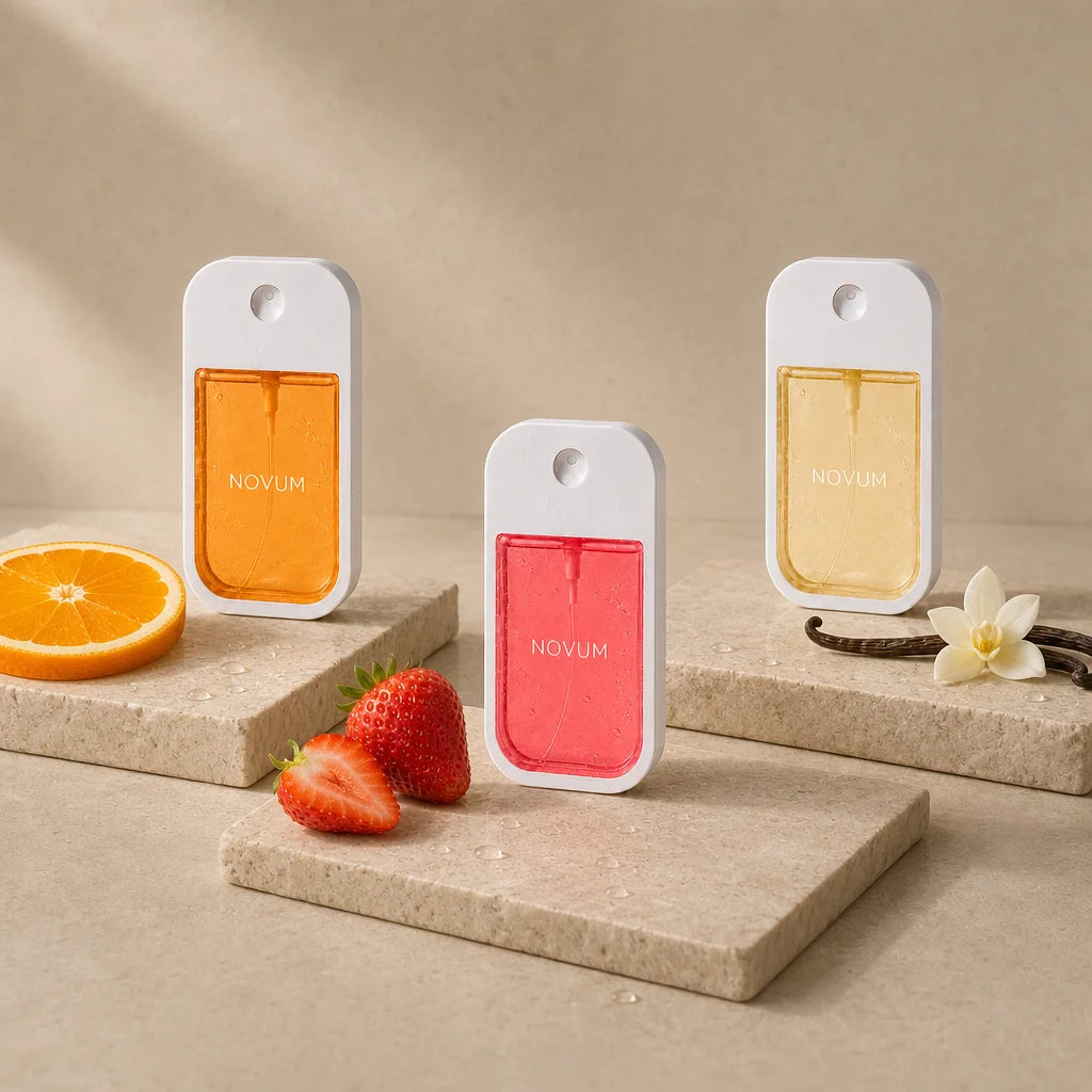 Square fragrance-world still life using exact sourced NOVUM variants with the observed visual associ