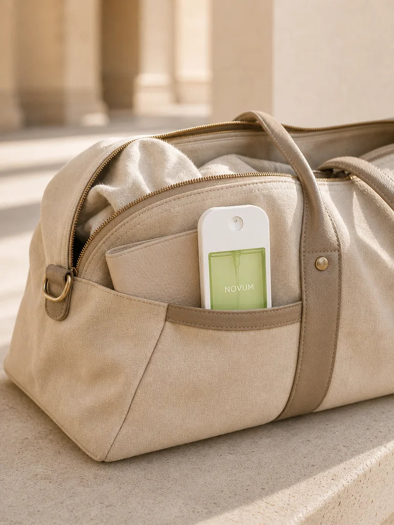 Portrait 3:4 travel-use image showing the exact NOVUM bottle standing in the front pocket of a beige