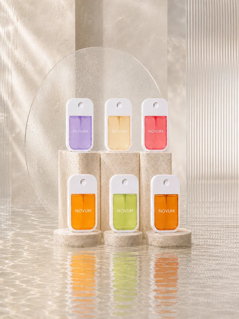 Portrait 3:4 exact collection image for the fragrance grid. Arrange six sourced NOVUM variants in tw
