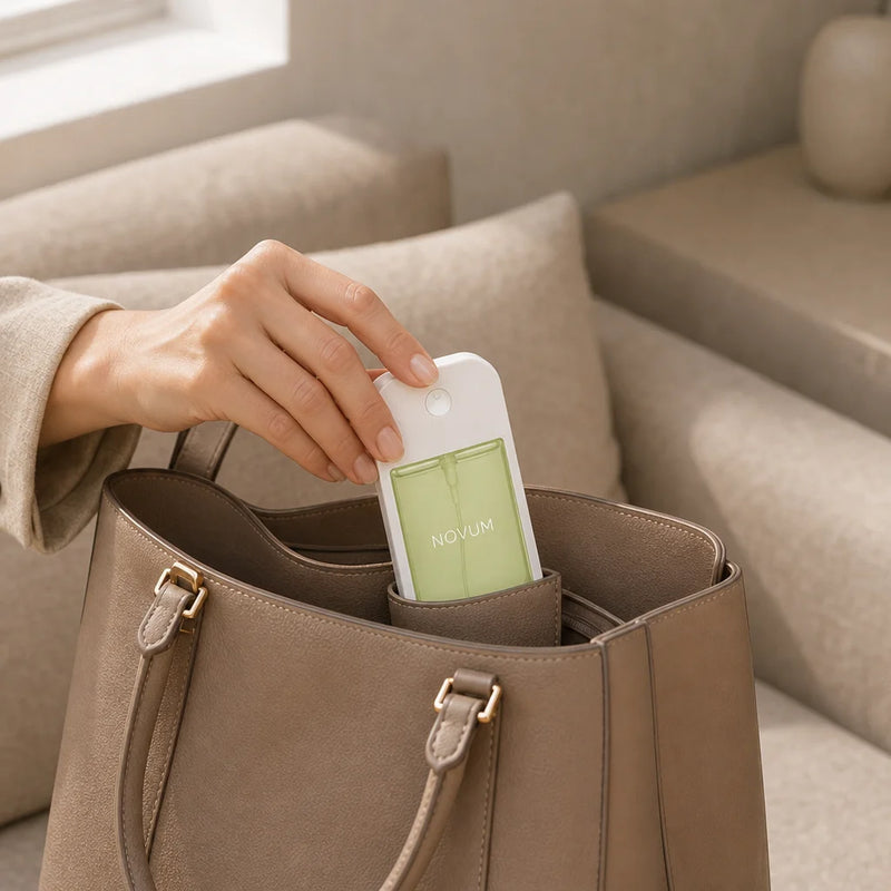 Square mobility facet showing one realistic hand placing the exact NOVUM bottle into a taupe handbag