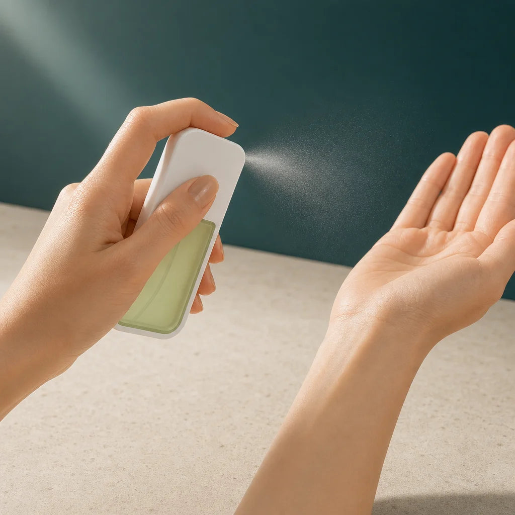 Square single-action demonstration photograph for the product page. Show the exact NOVUM bottle in o