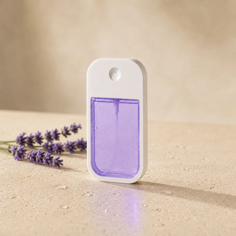 Square editorial fragrance facet showing the exact NOVUM lavender bottle beside one sourced lavender