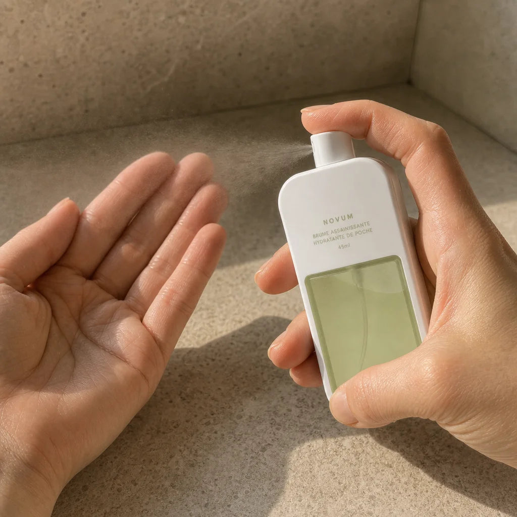 Authentic real-use beauty hero photography, 1:1. One adult's hands perform one gentle, source-docume