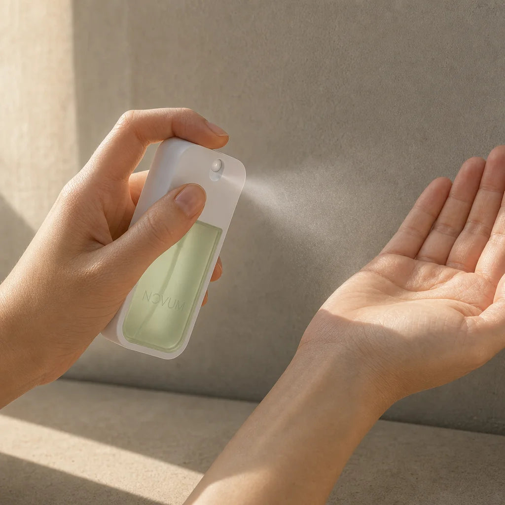 Authentic real-use beauty application photography, square 1:1. One adult with well-groomed hands per